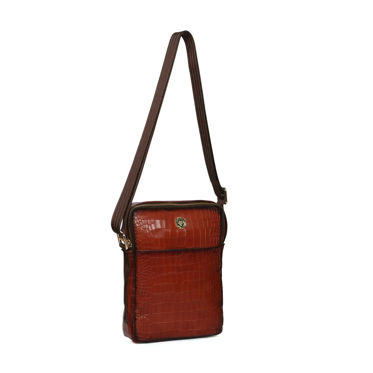 Tan Cross-body Bag In Croco Embossed Textured Leather