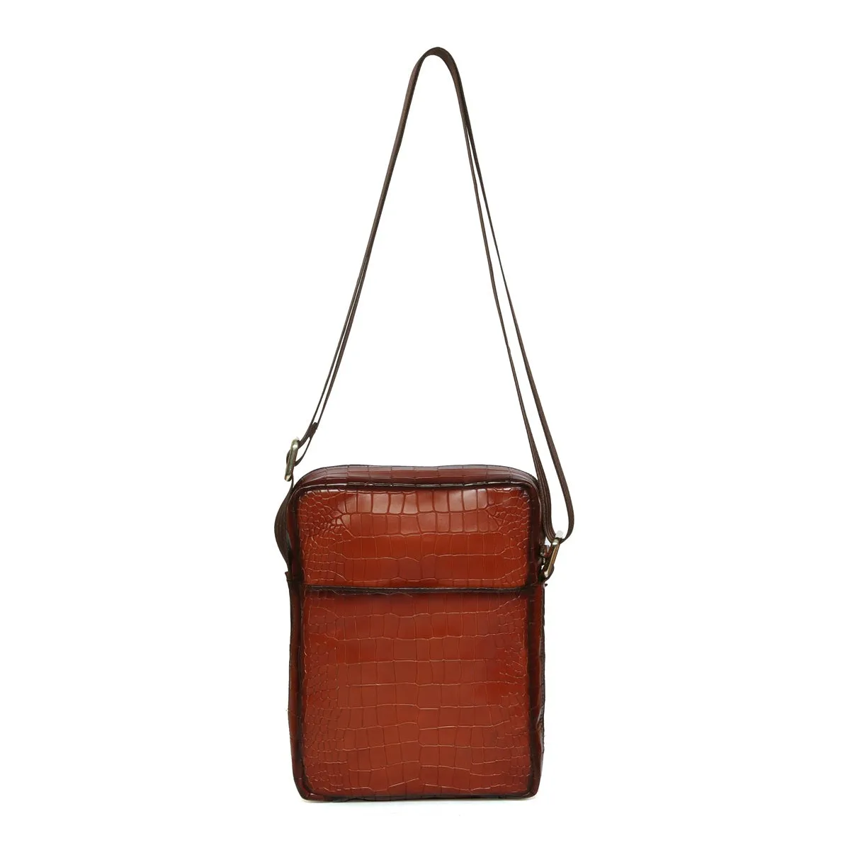 Tan Cross-body Bag In Croco Embossed Textured Leather