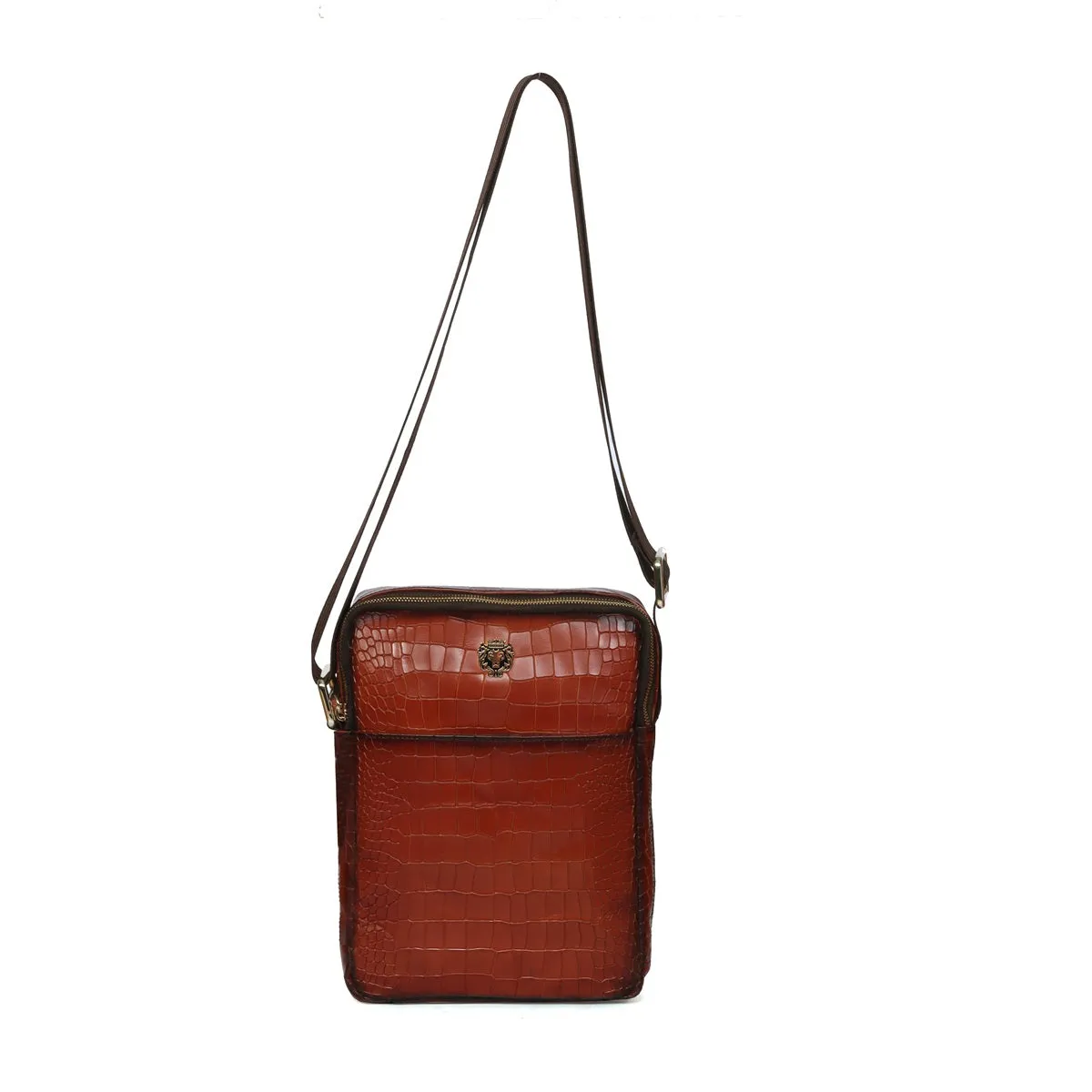 Tan Cross-body Bag In Croco Embossed Textured Leather