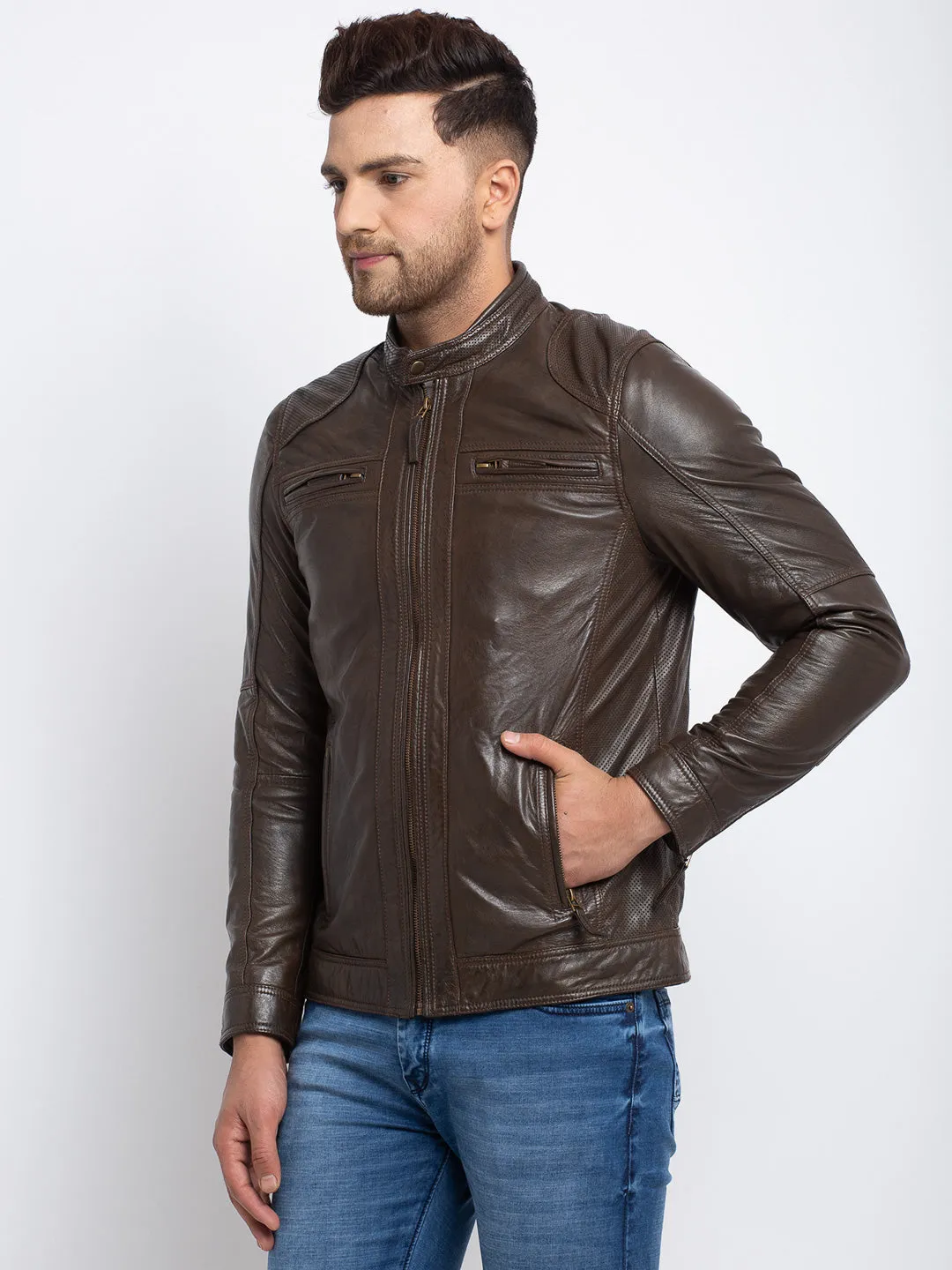 Teakwood Leathers  Men's 100% Genuine Brown Leather Jacket