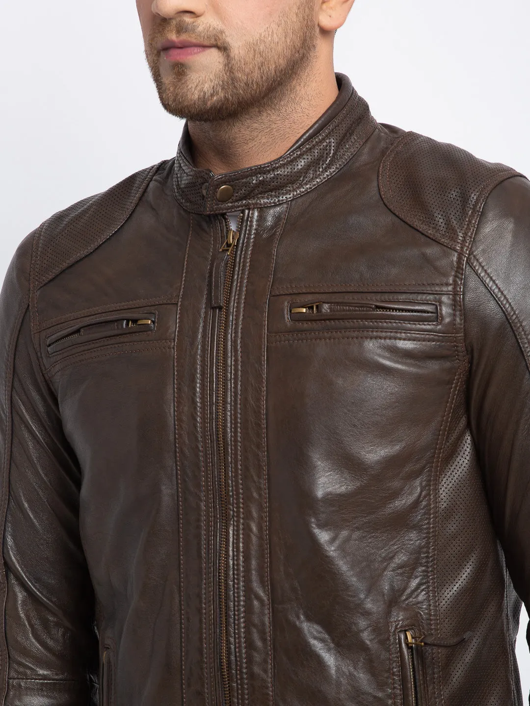 Teakwood Leathers  Men's 100% Genuine Brown Leather Jacket
