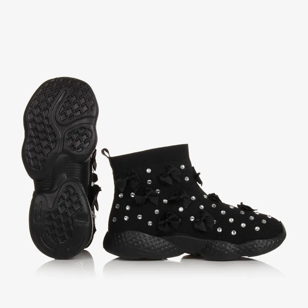 Teen Girls Black Knitted Rhinestone Trainers