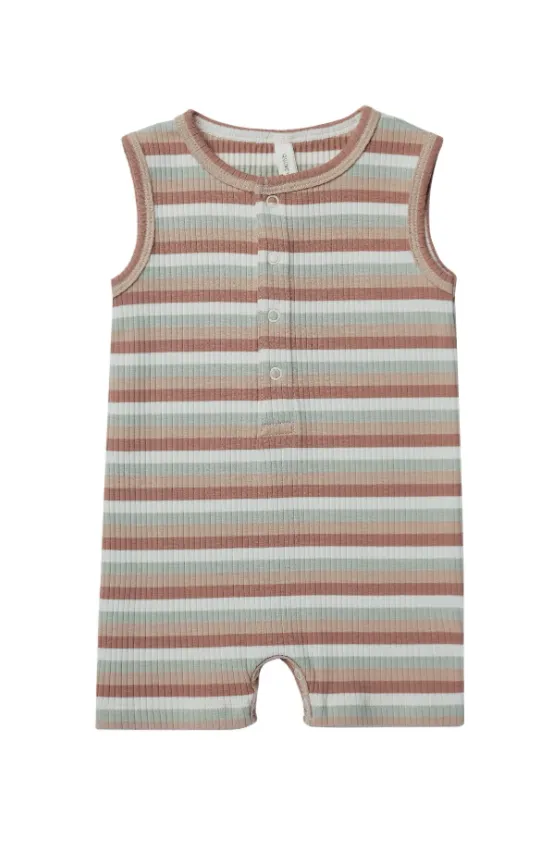 The Ribbed Henley Romper - Summer Stripe - BABY