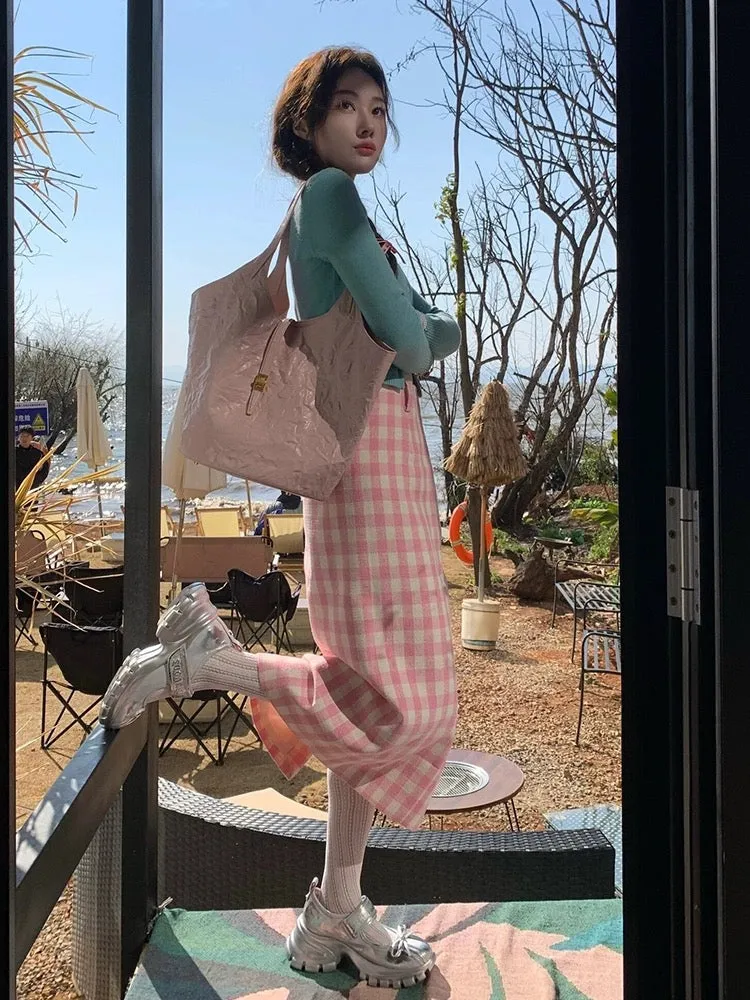 TIDE STUDIOS sweet style blue white cardigan for women spring pink plaid versatile skirt suit