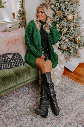 Toasty Times Metallic Knit Cardigan In Green