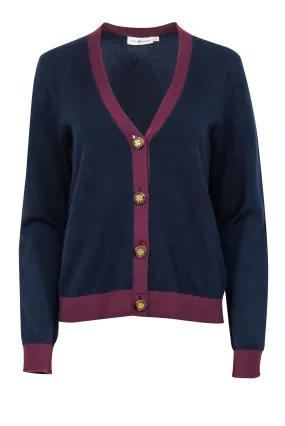 Tory Burch - Navy & Maroon Cashmere V-neck Cardigan Sz L