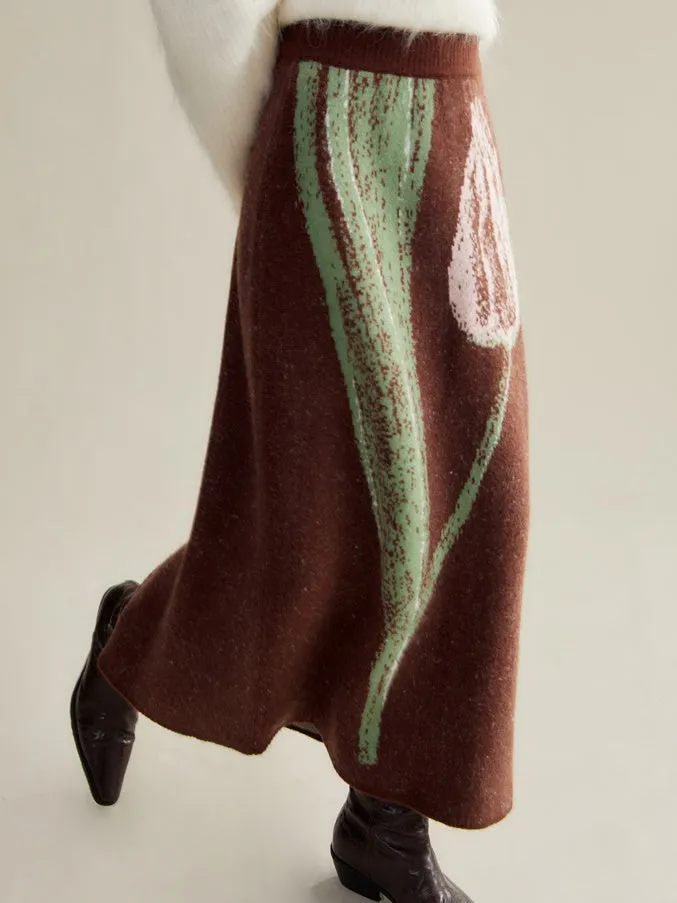Tulip Contrasting Color Knitted Cardigan & Skirt