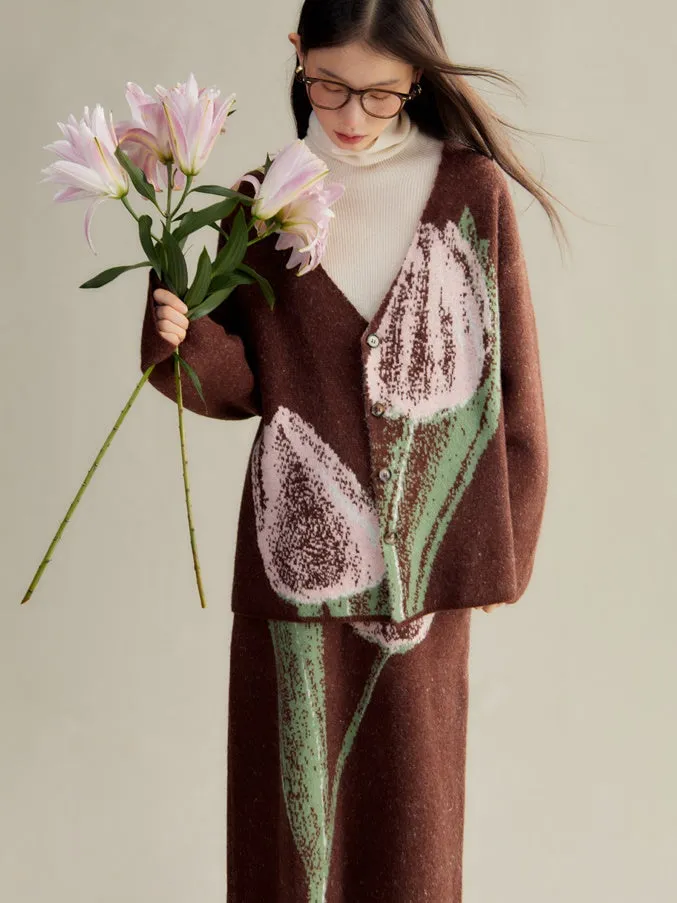 Tulip Contrasting Color Knitted Cardigan & Skirt
