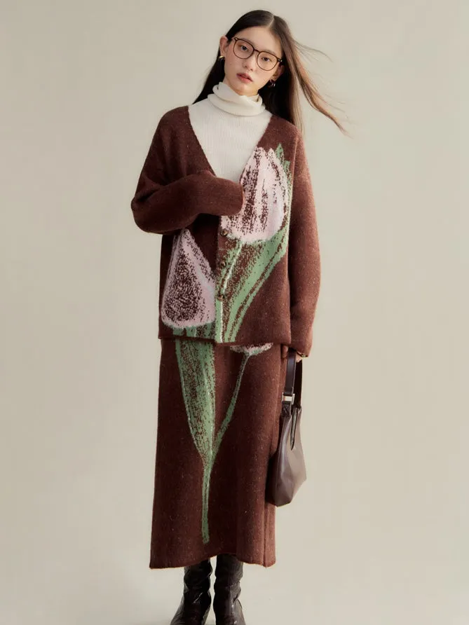 Tulip Contrasting Color Knitted Cardigan & Skirt