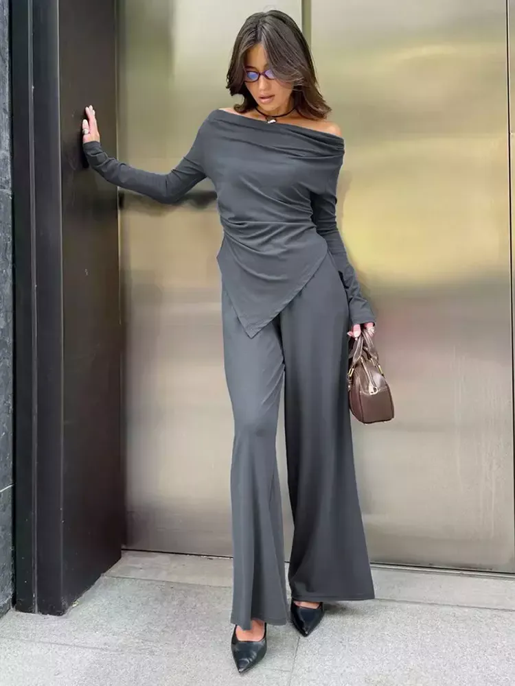 Two Piece Set For Women Off-shoulder Ruched Top And Wide Leg Pants Spring Long Sleeve Casual Outfits 2025