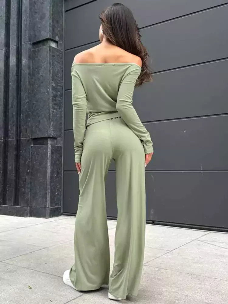 Two Piece Set For Women Off-shoulder Ruched Top And Wide Leg Pants Spring Long Sleeve Casual Outfits 2025