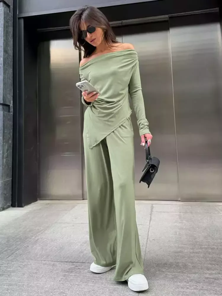 Two Piece Set For Women Off-shoulder Ruched Top And Wide Leg Pants Spring Long Sleeve Casual Outfits 2025