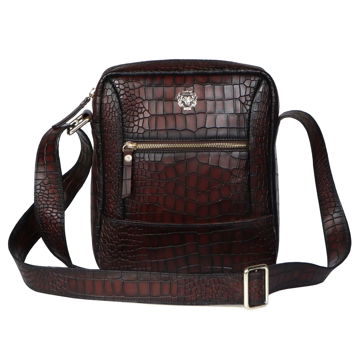 Unisex Smokey Dark Brown Croco Print Leather Multi-Pockets Cross-body Bag by Brune & Bareskin