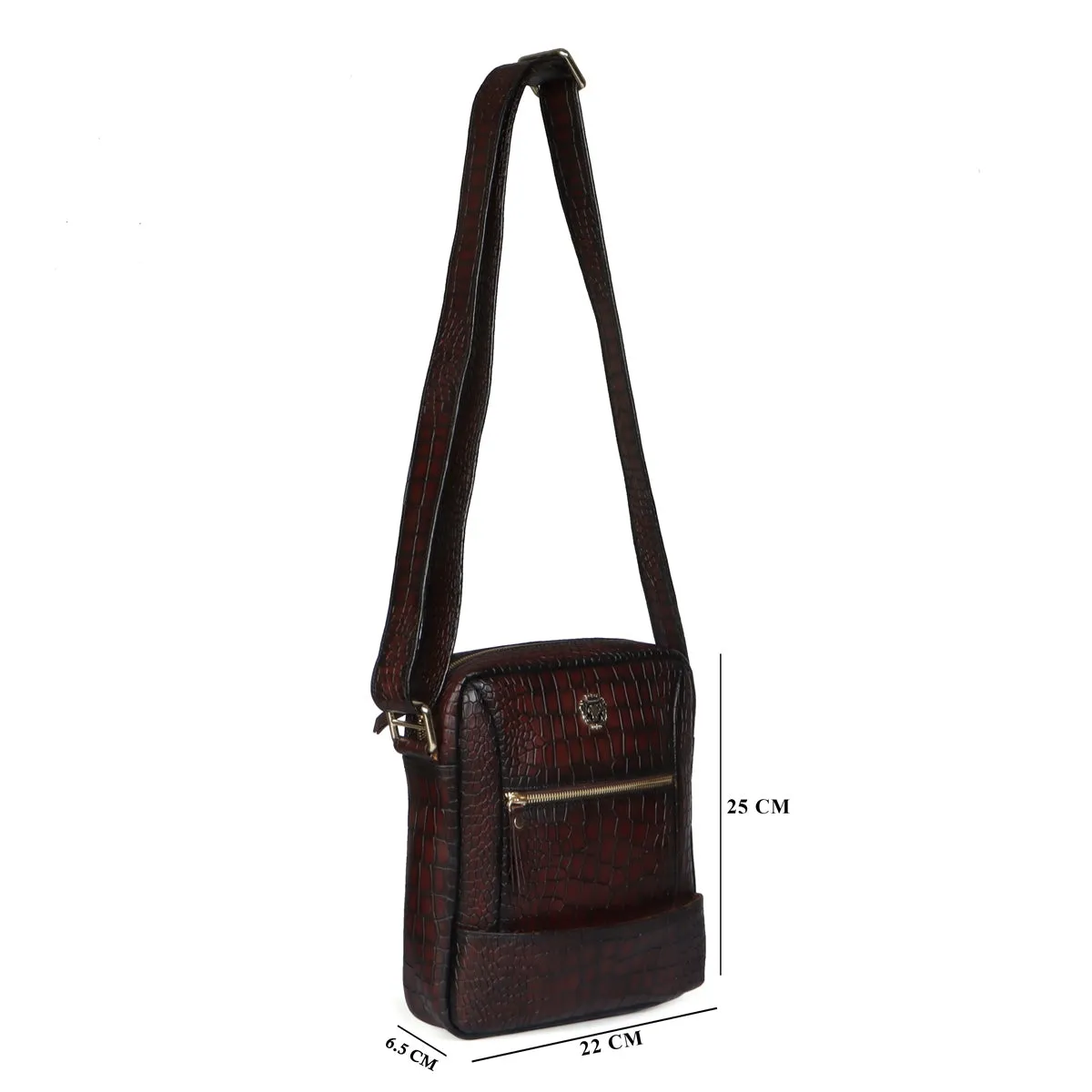 Unisex Smokey Dark Brown Croco Print Leather Multi-Pockets Cross-body Bag by Brune & Bareskin