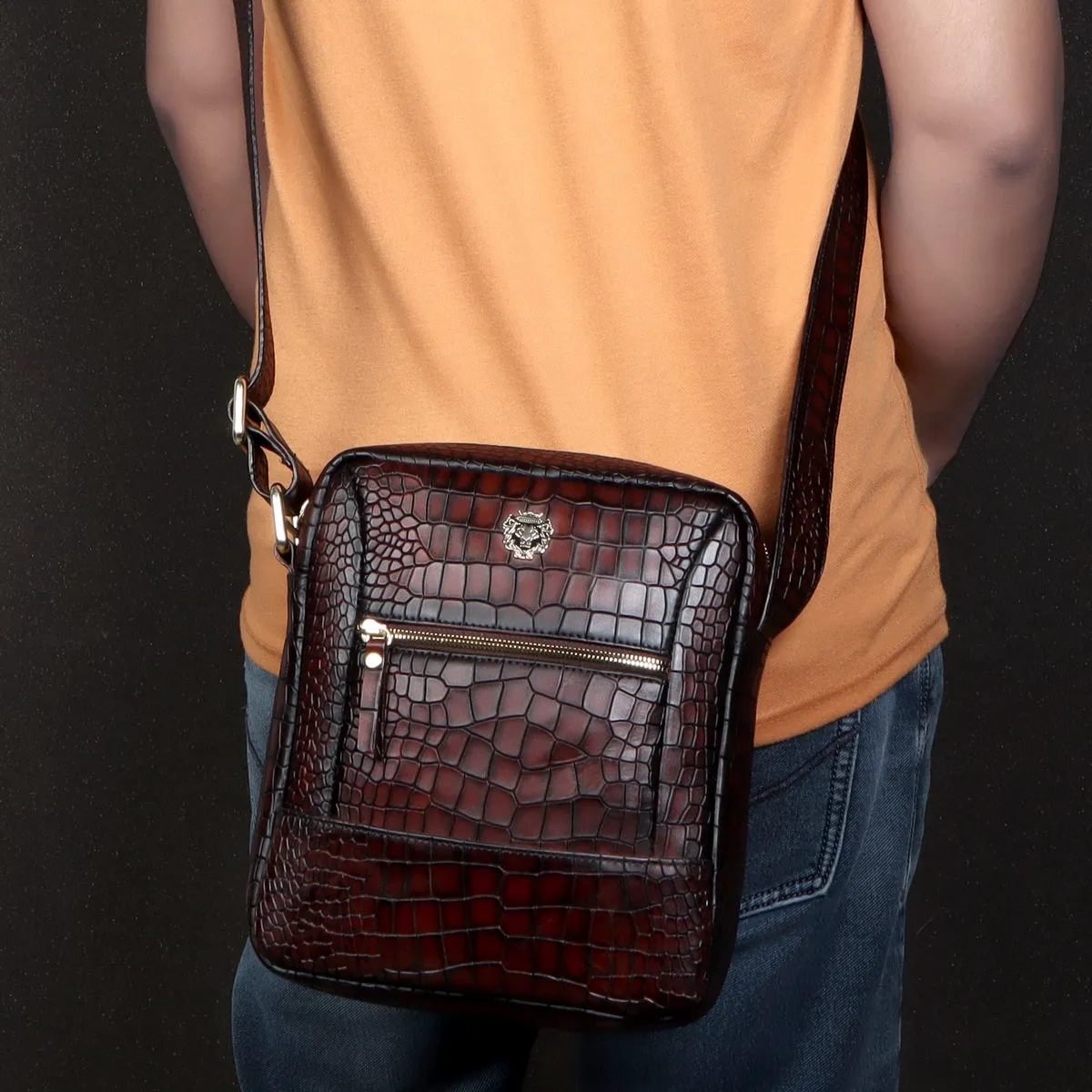 Unisex Smokey Dark Brown Croco Print Leather Multi-Pockets Cross-body Bag by Brune & Bareskin