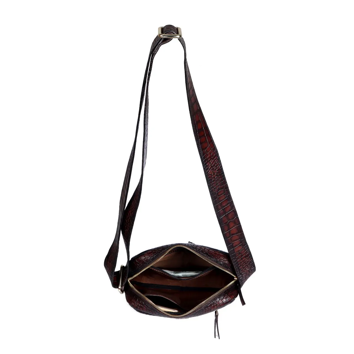 Unisex Smokey Dark Brown Croco Print Leather Multi-Pockets Cross-body Bag by Brune & Bareskin