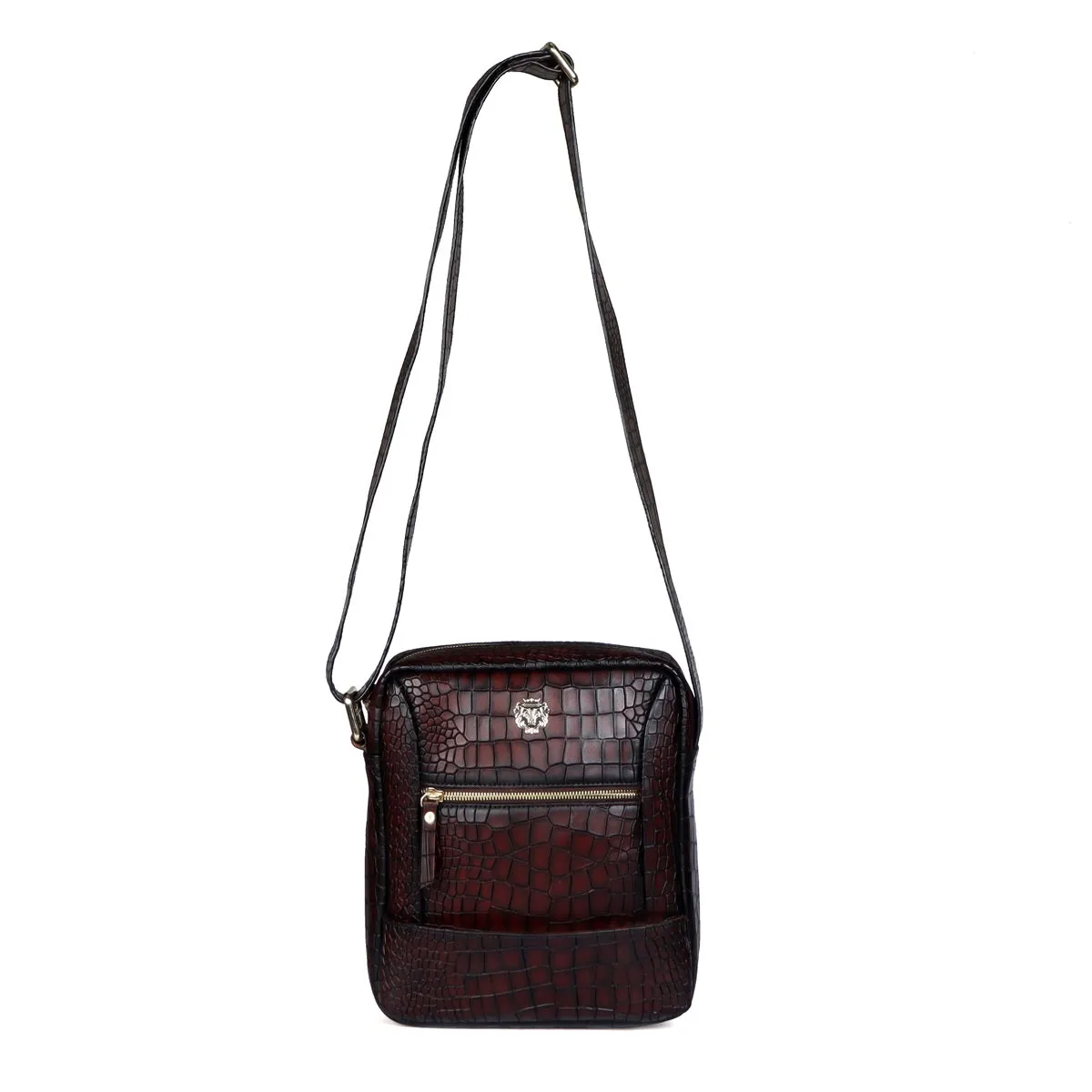 Unisex Smokey Dark Brown Croco Print Leather Multi-Pockets Cross-body Bag by Brune & Bareskin