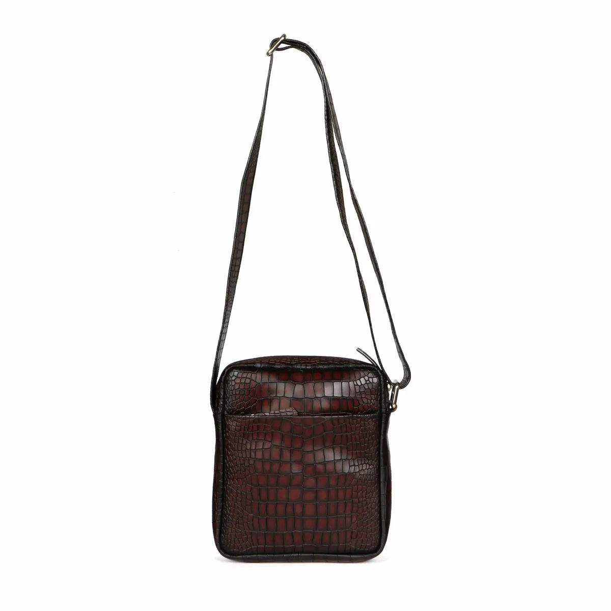 Unisex Smokey Dark Brown Croco Print Leather Multi-Pockets Cross-body Bag by Brune & Bareskin