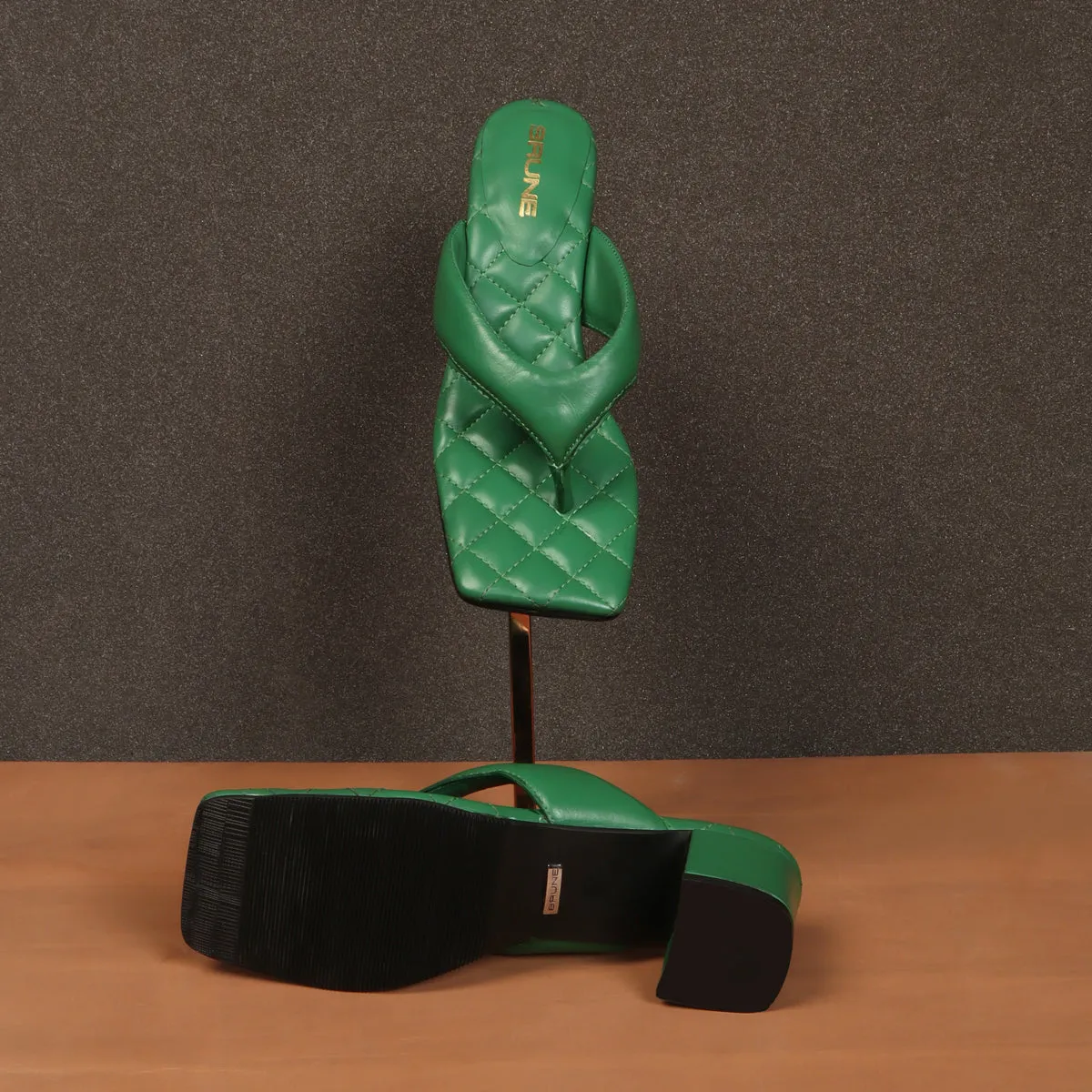 V-Shaped Green Flip-Flop Diamond Stitched Blocked Heel Slider Slipper For Women By Brune & Bareskin