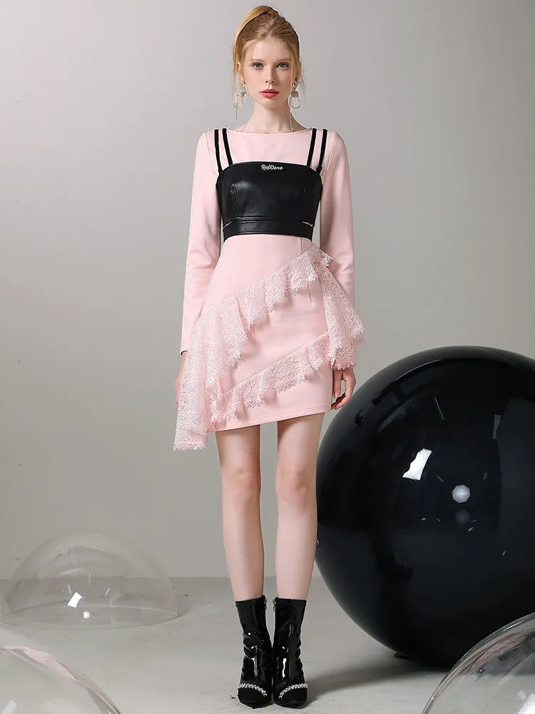 Vest＆One-Piece Leather Asymmetry Lace Feminine Set-Up