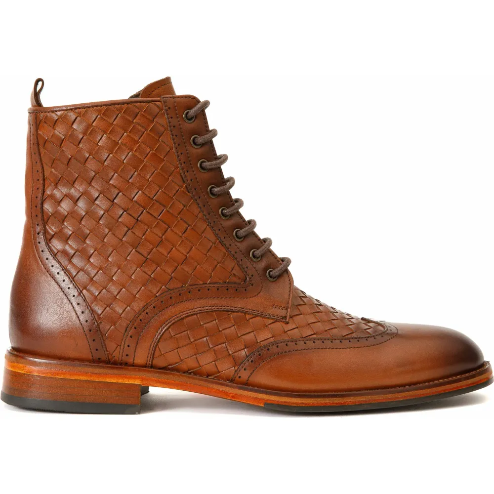 Vinci Leather The Loddon Brown Leather Wingtip Brogue Handwoven Lace-up Boot With A Zipper (14553)