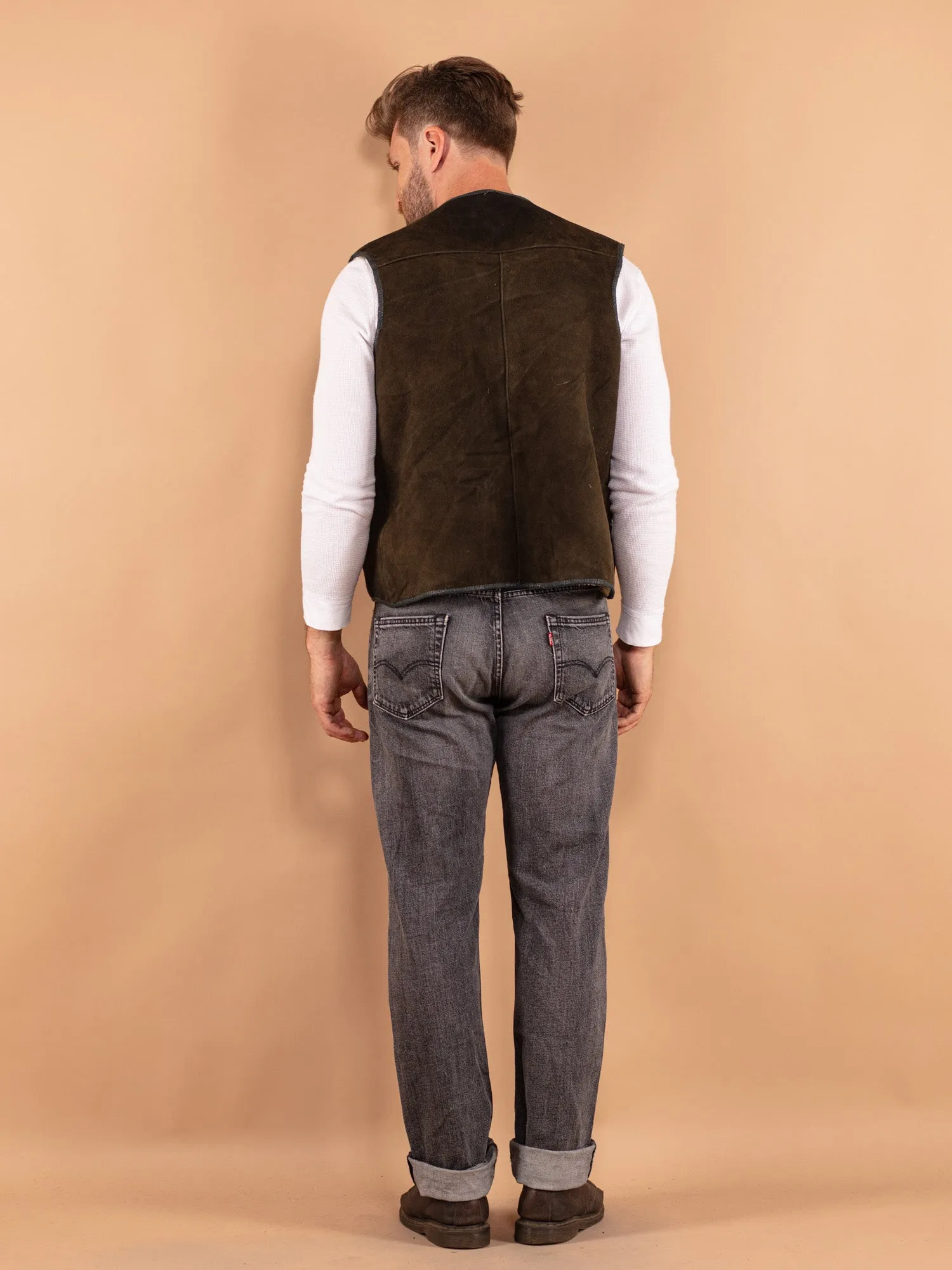 Vintage 70's Men Sheepskin Vest in Moss Brown