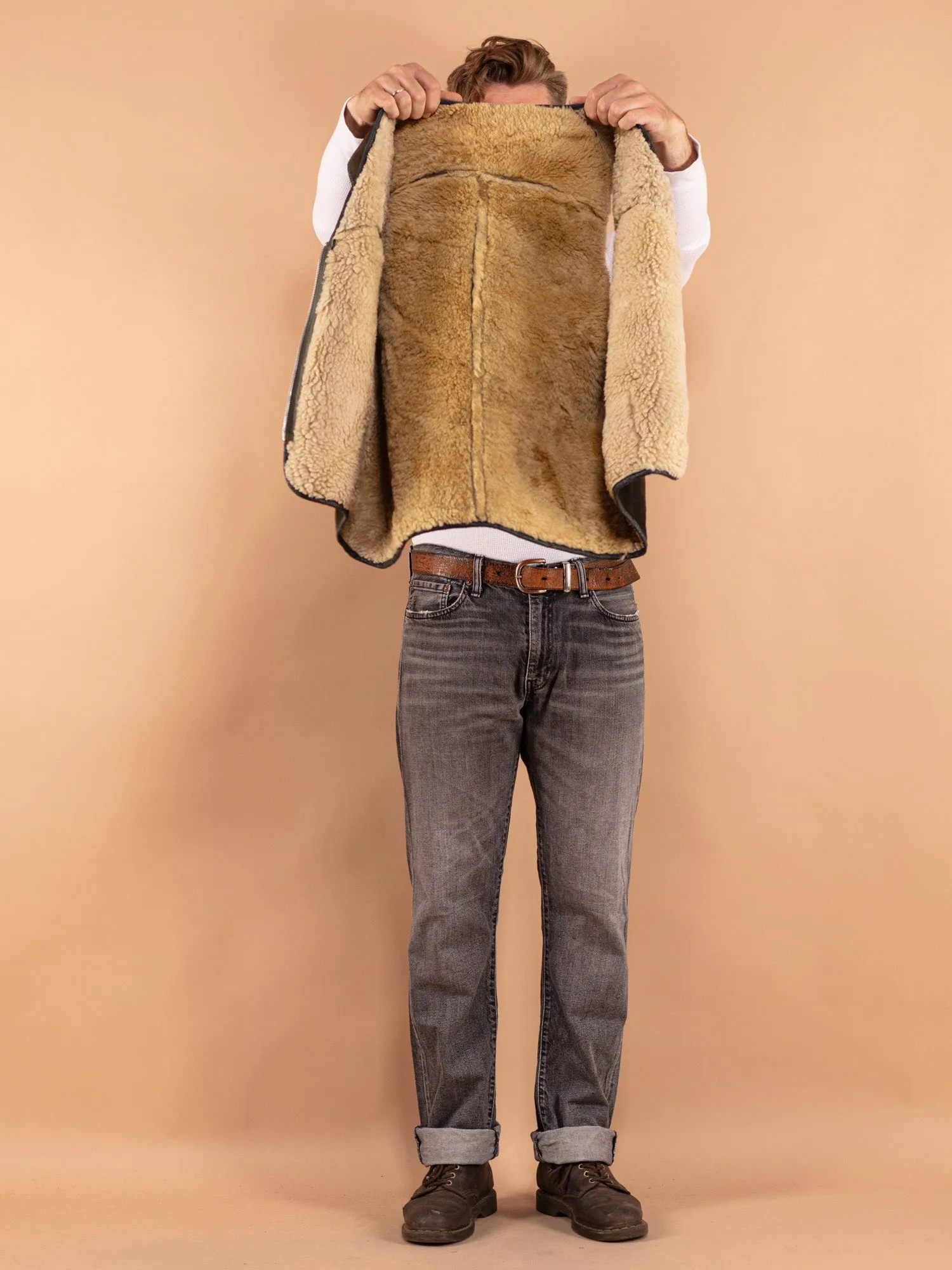 Vintage 70's Men Sheepskin Vest in Moss Brown