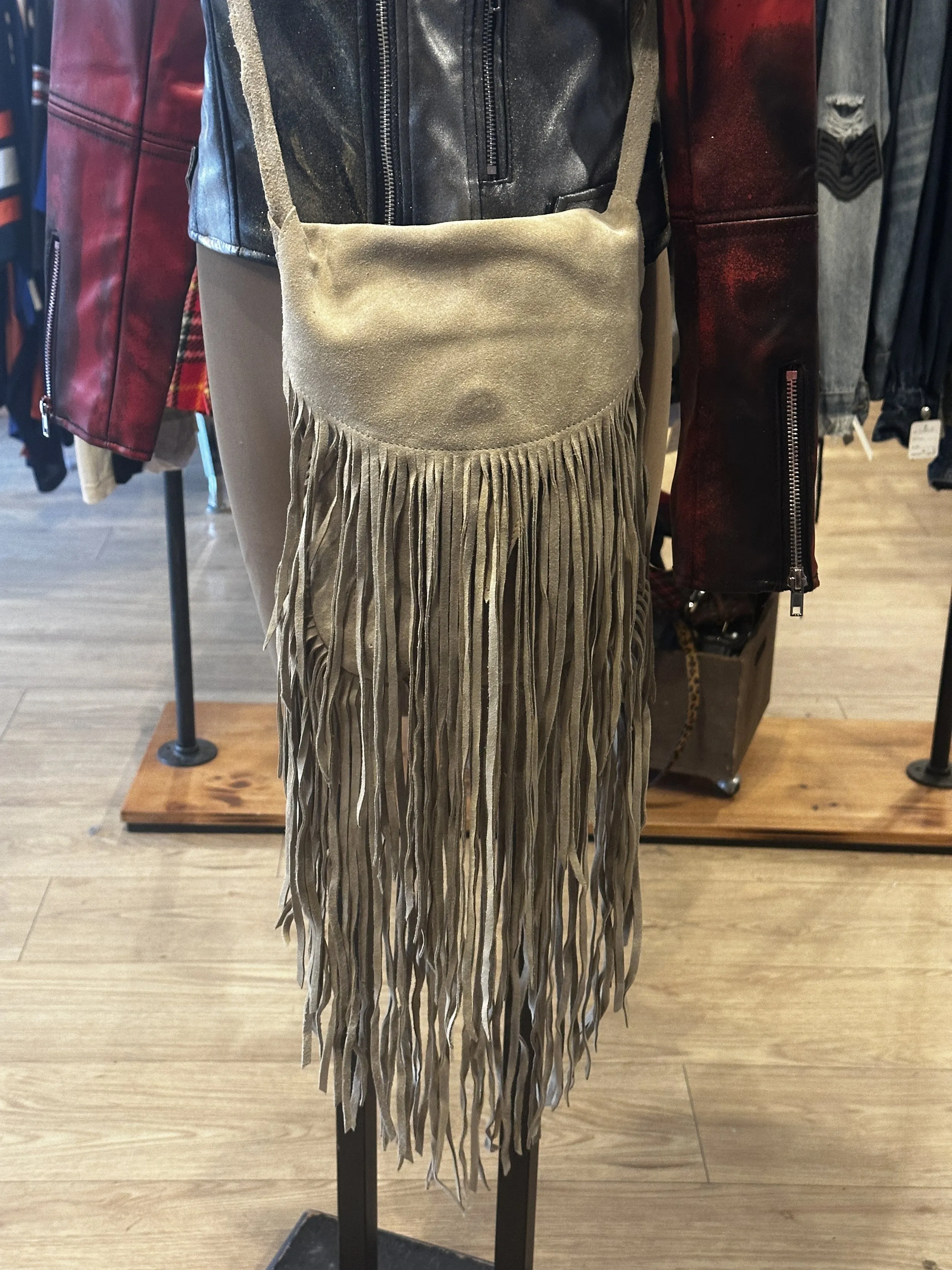 Vintage Beige Suede Fringe Crossbody —          Star Struck Vintage