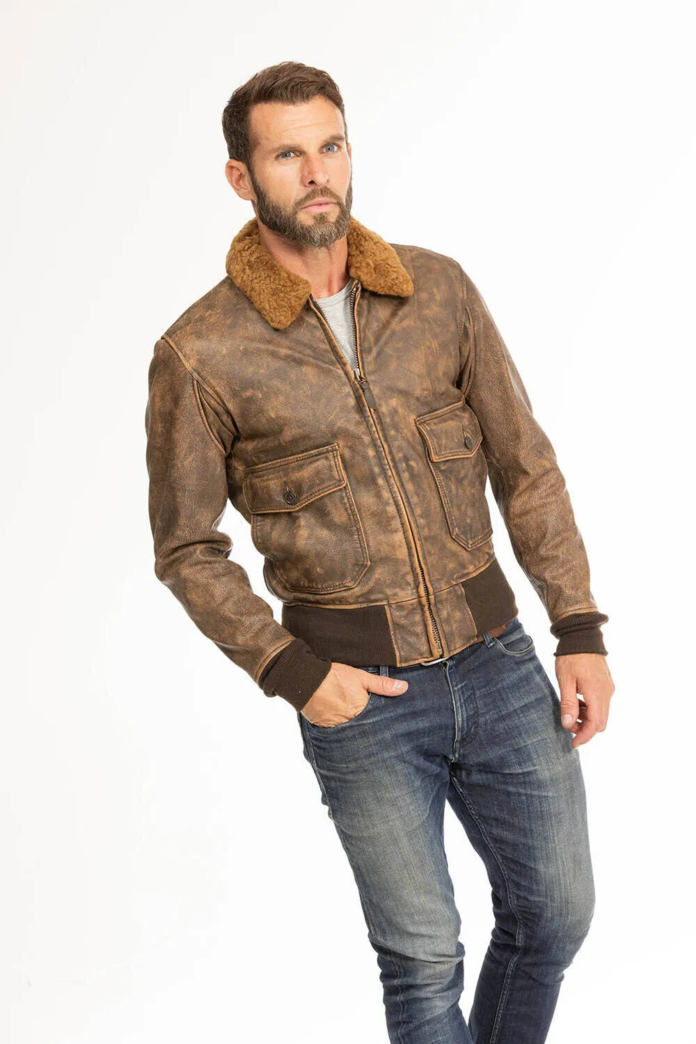 Vintage brown men's leather jacket cockpit'usa g1-avenger