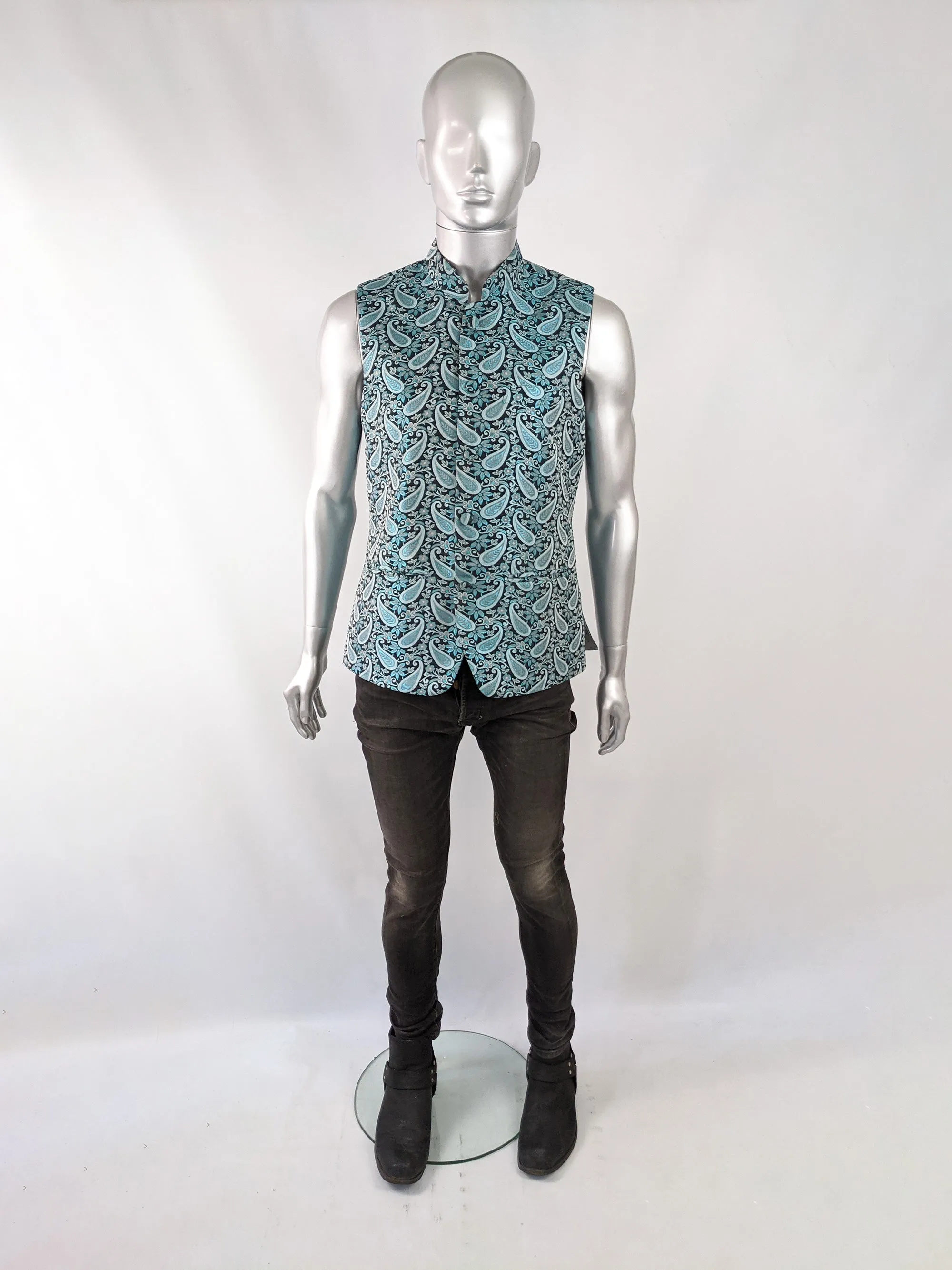 Vintage Mens Blue Paisley Brocade Nehru Waistcoat, 1970s
