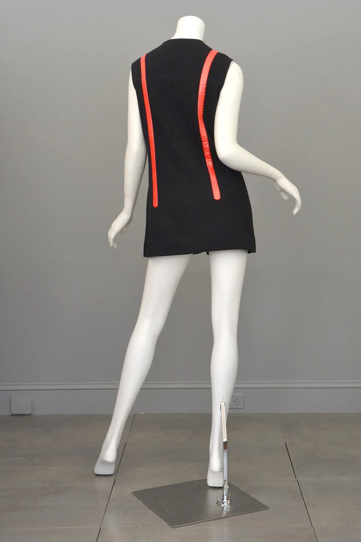 Vtg 1960s Black Knit Red Leather MOD Vest Tunic by Gina Teresa