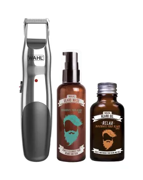 Wahl Rechargeable Beard Trimmer, Beard Shampoo and Oil Gift Set