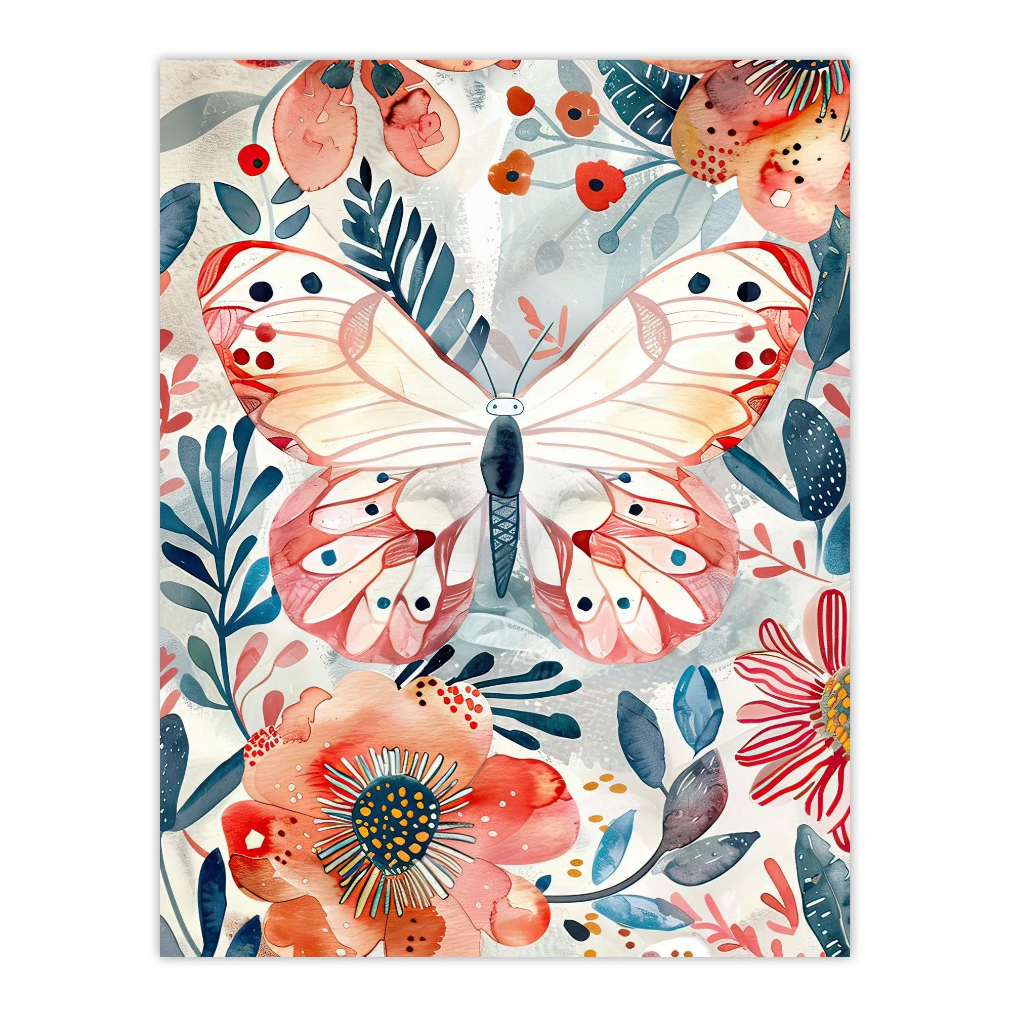 Wall Art & Pictures | Butterfly Red Blue Floral Watercolour Folk Art Wall Art Print | Artery8