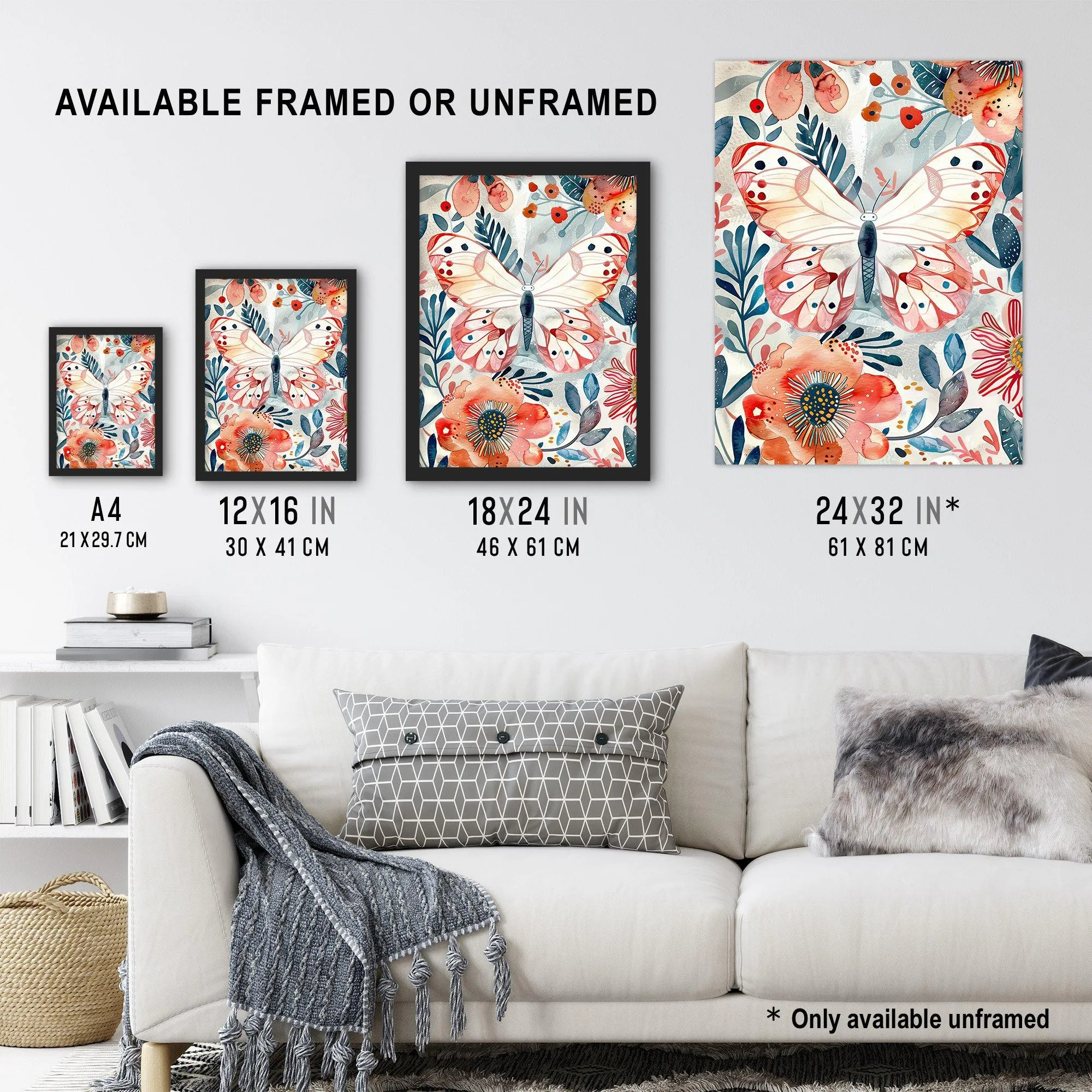 Wall Art & Pictures | Butterfly Red Blue Floral Watercolour Folk Art Wall Art Print | Artery8