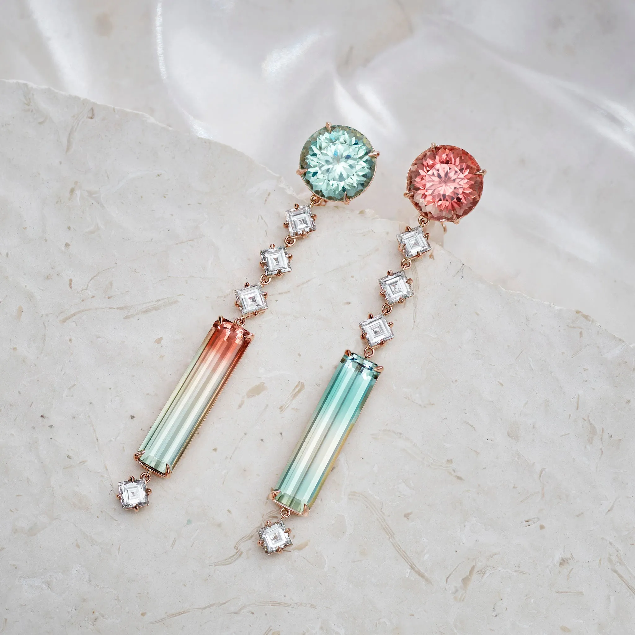 Watermelon Tourmaline & Diamond Drop Earrings