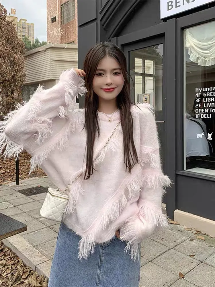 Western style age-reducing irregular tassel pullover sweater for women new French niche loose and versatile fashionable outer to