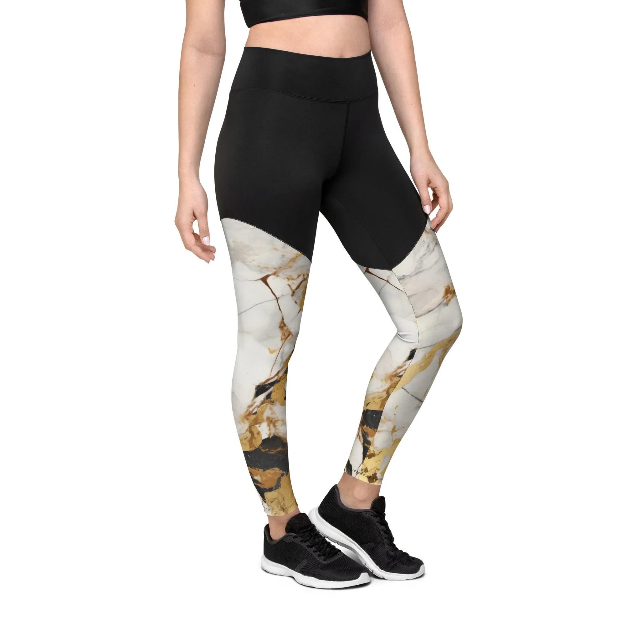 White & Gold Marble Compression Leggings