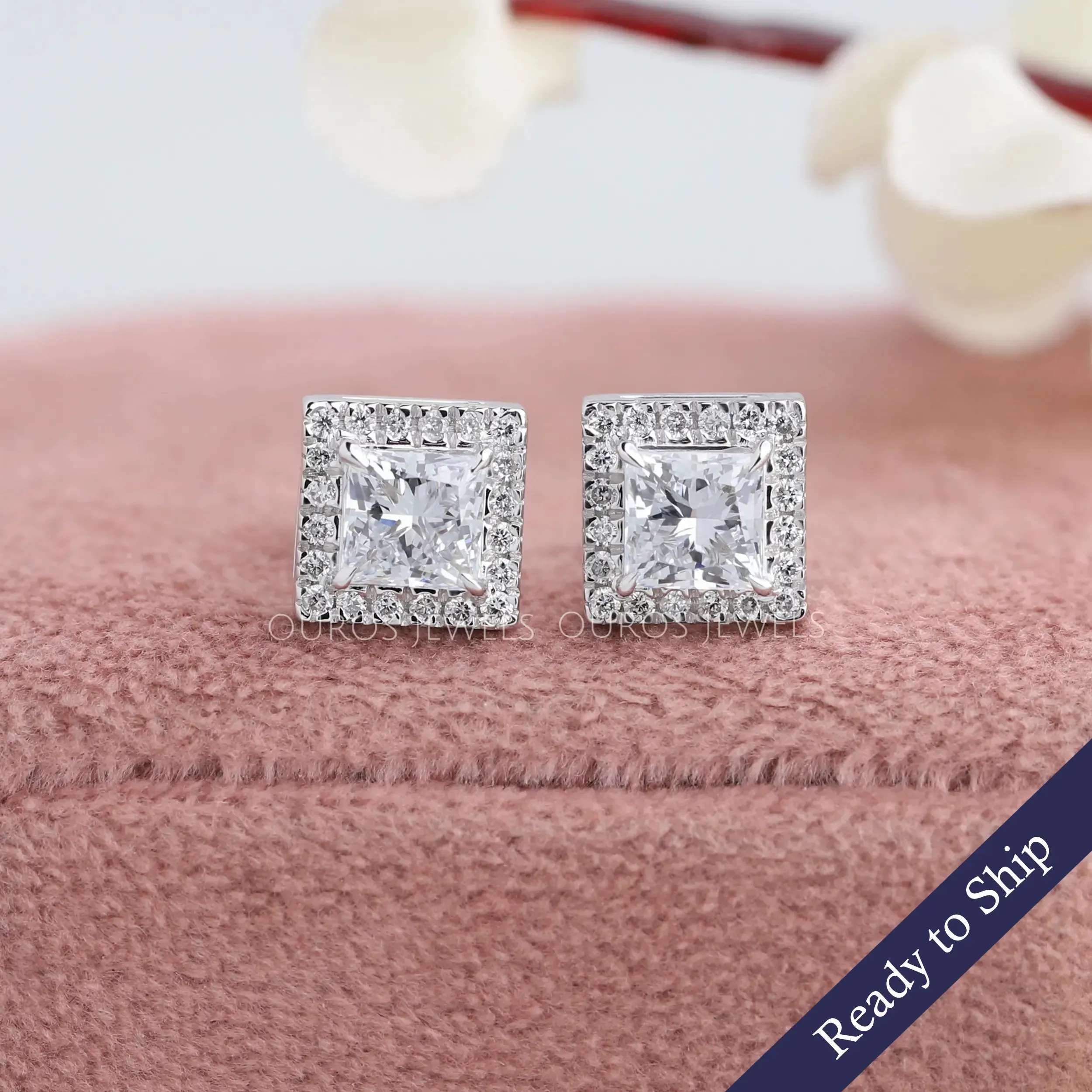 White Gold Princess Cut Lab Diamond Stud Earrings