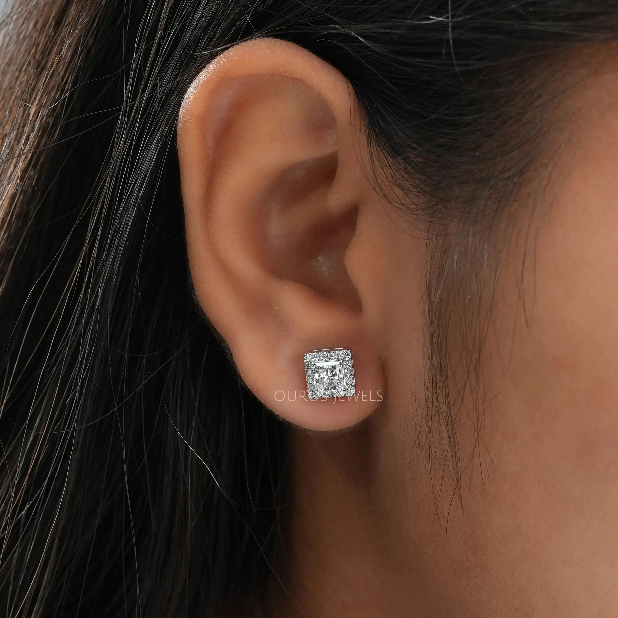 White Gold Princess Cut Lab Diamond Stud Earrings