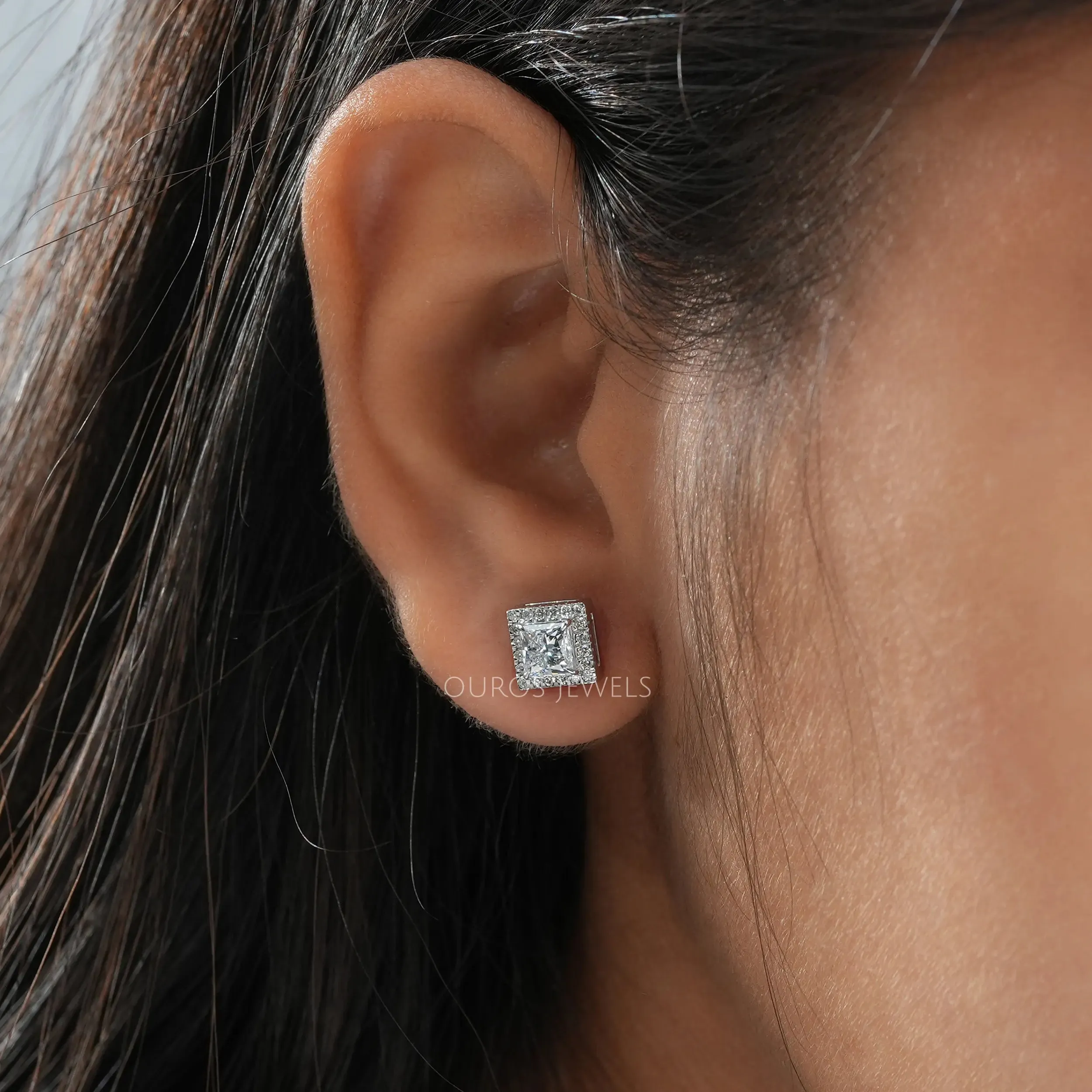 White Gold Princess Cut Lab Diamond Stud Earrings