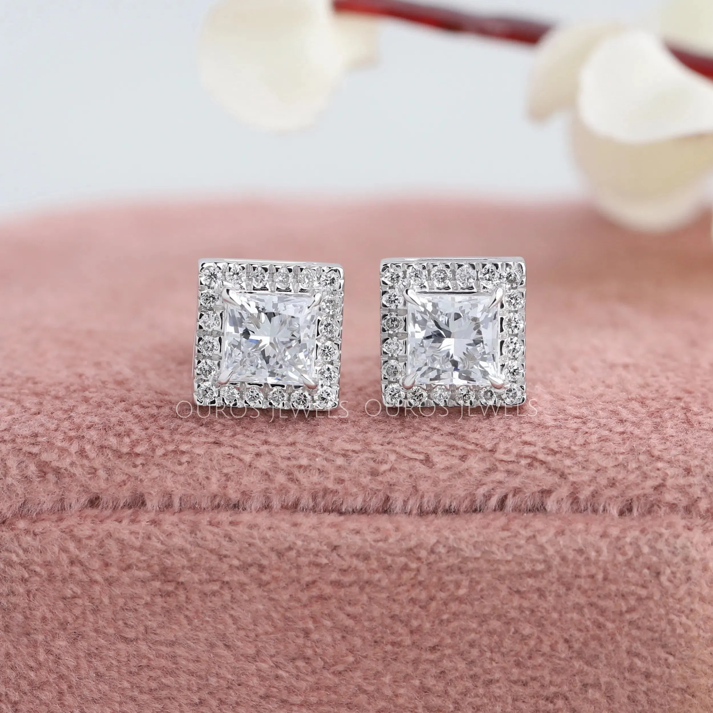 White Gold Princess Cut Lab Diamond Stud Earrings