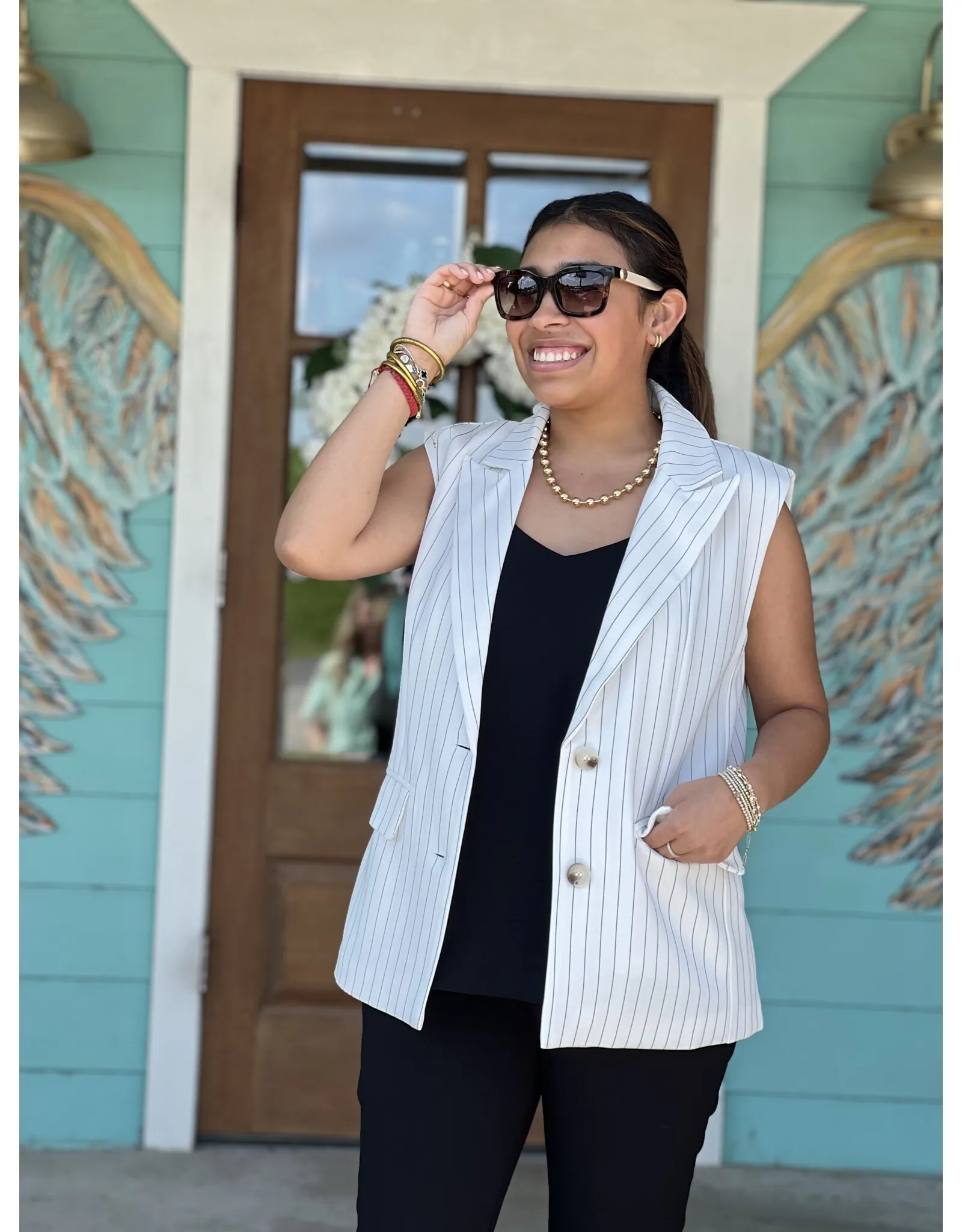 White Striped Notched Collar Vest