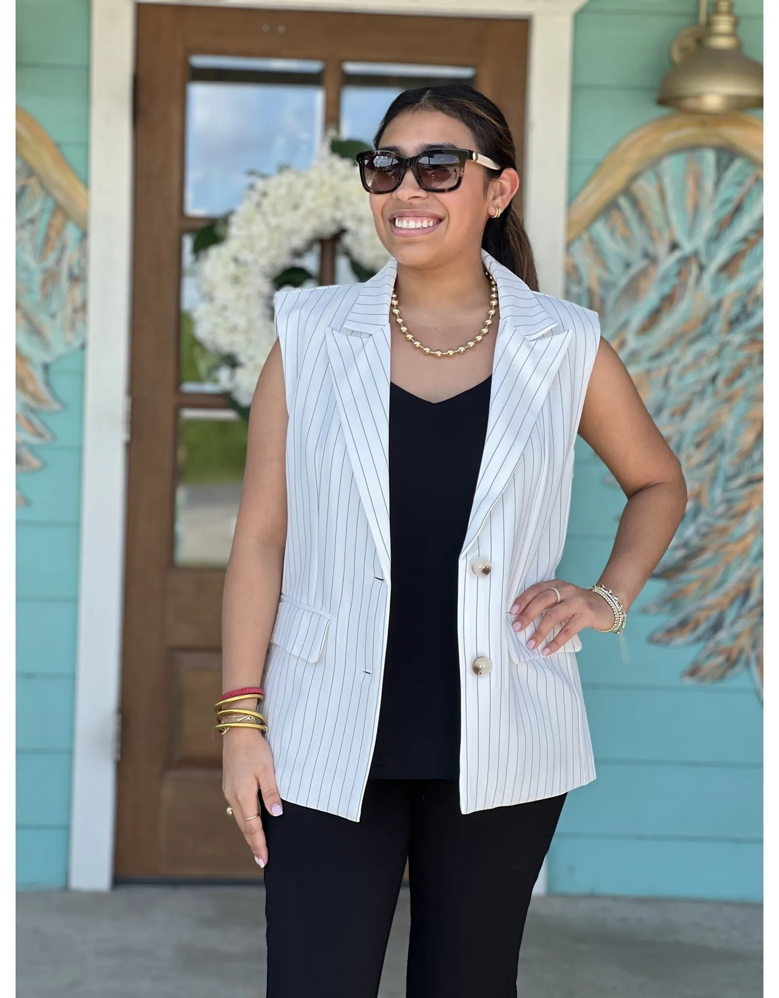White Striped Notched Collar Vest