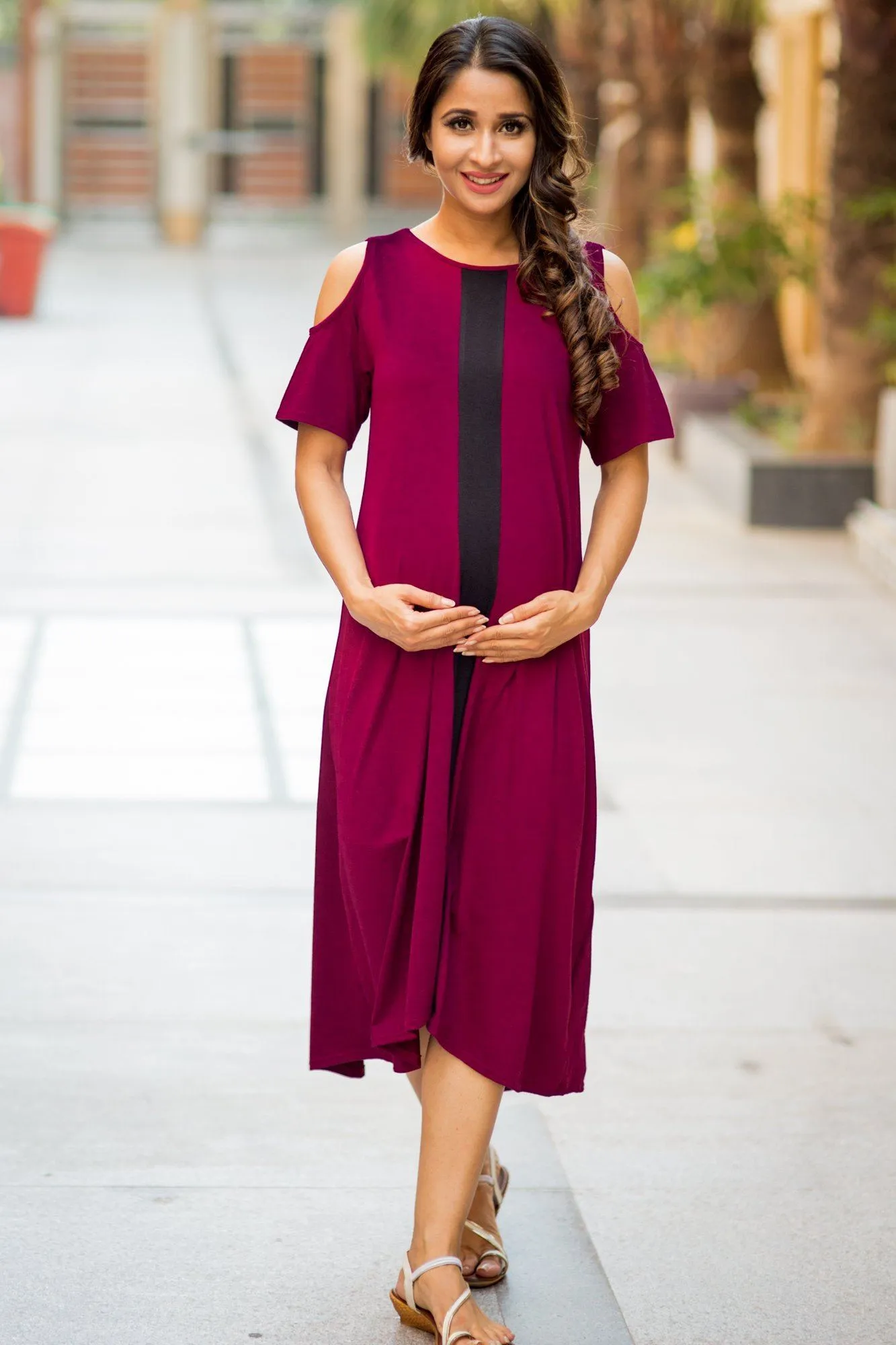 Wine Red Cold Shoulder Stretchable Maternity Dress