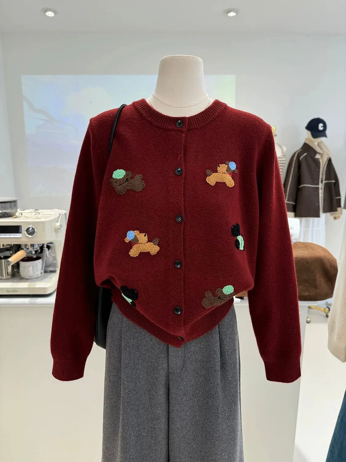 Winter versatile cartoon three-dimensional embroidery puppy Korean style loose age-reducing knitted sweater buttoned women's car