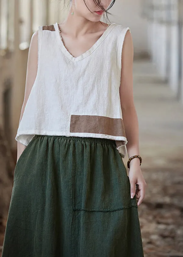 Women White V Neck Patchwork Linen Shirt Top Sleeveless