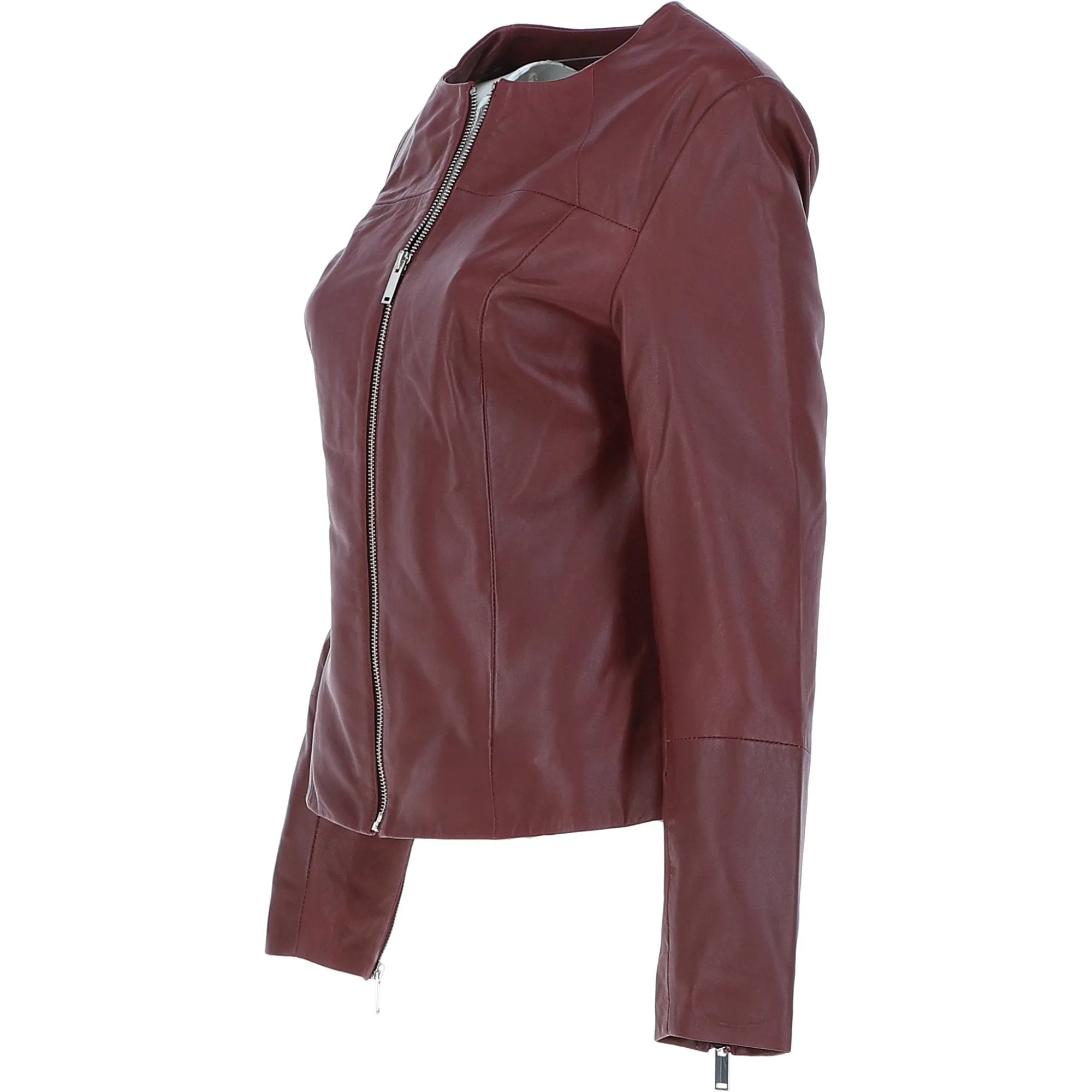 Women's Collarless Leather Fashion Jacket Oxblood: AWL-284