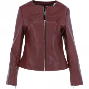 Women's Collarless Leather Fashion Jacket Oxblood: AWL-284