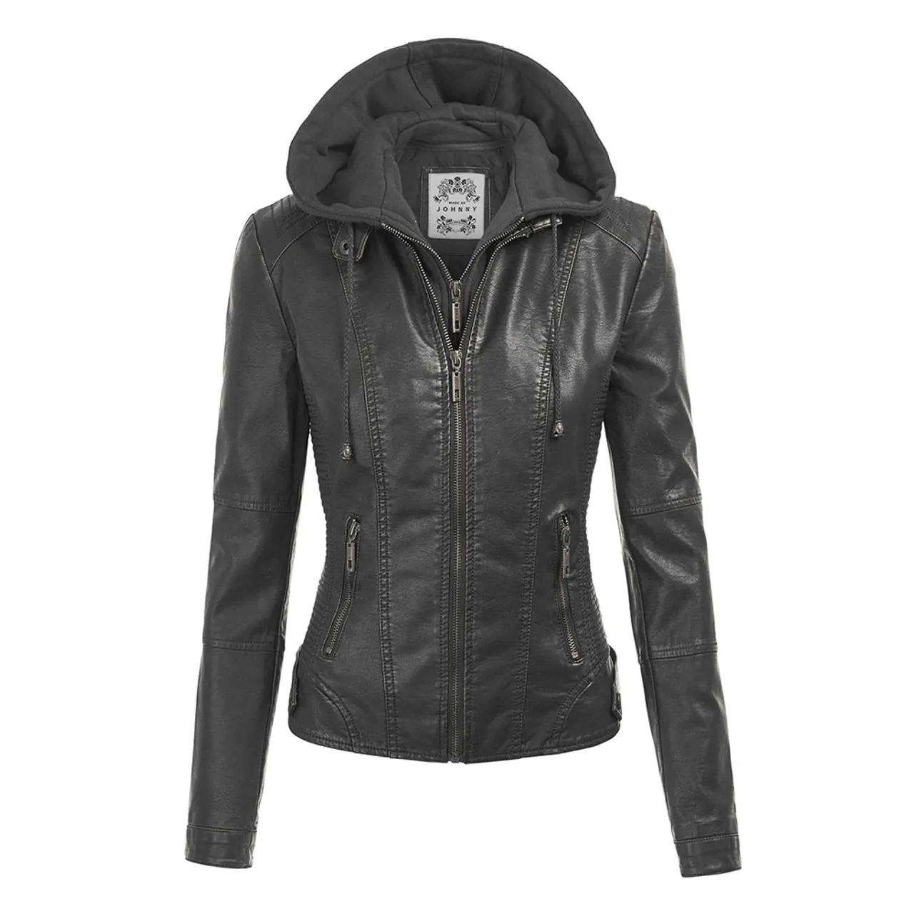 Women's Faux Leather Moto Jacket with Hoodie