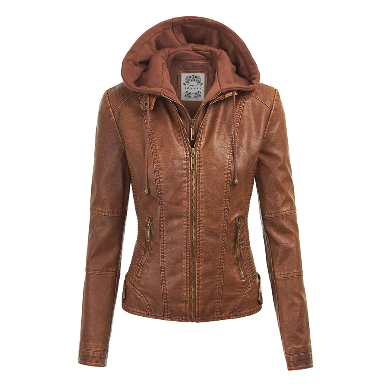 Women's Faux Leather Moto Jacket with Hoodie